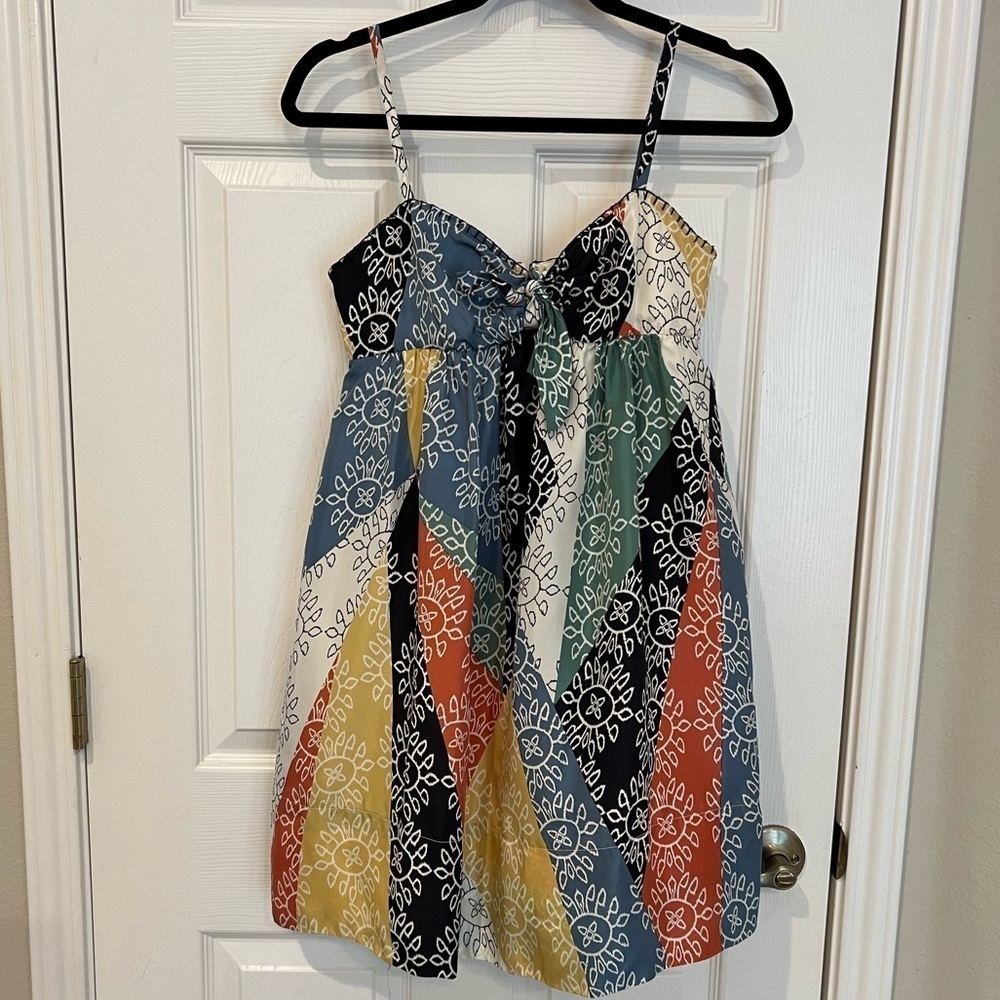 BCBG MAXAZRIA Spaghetti Strap Quilt Patchwork Mini Baby-doll Dress Bow Chest - Picture 12 of 16